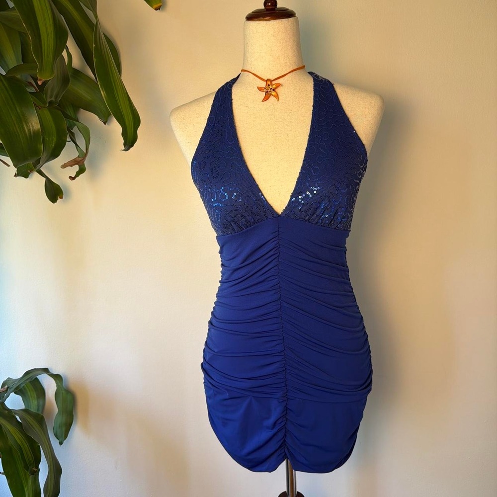 City Triangles Blue Sequin Halter Homecoming Mini Dress Y2K Ruched Bodycon M
